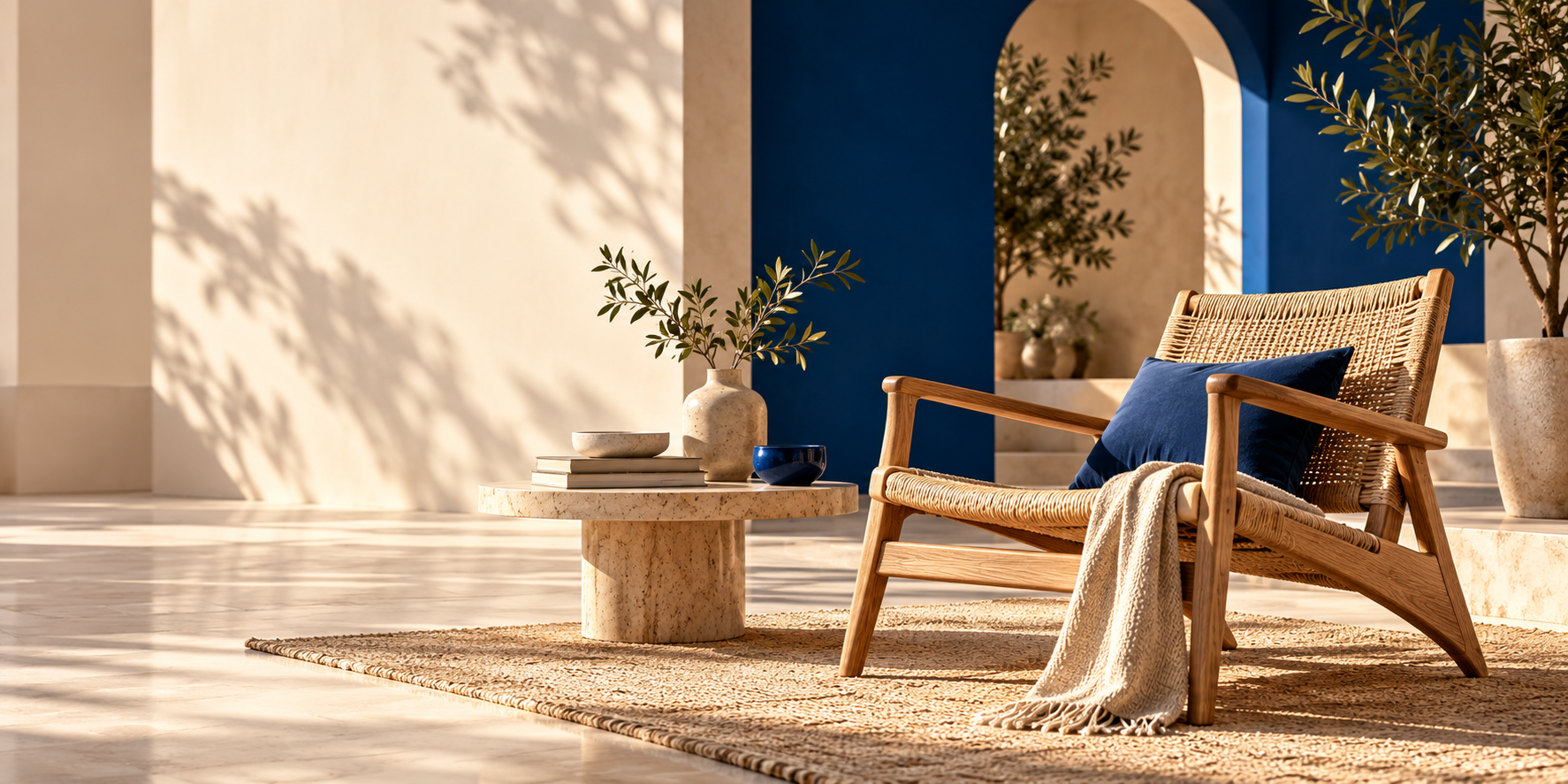 Sunlit Mediterranean lounge with natural oak chair and cobalt architectural accents